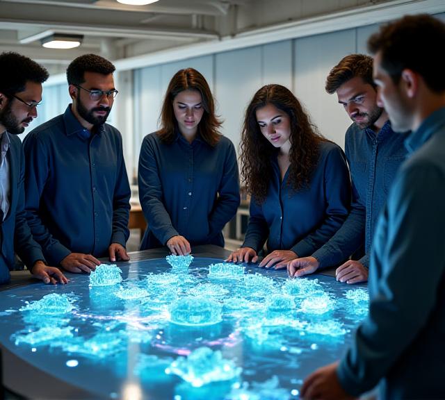 Equipo de geoscientíficos de Stratum AI en Madrid trabajando con modelos 3D y plataformas IA